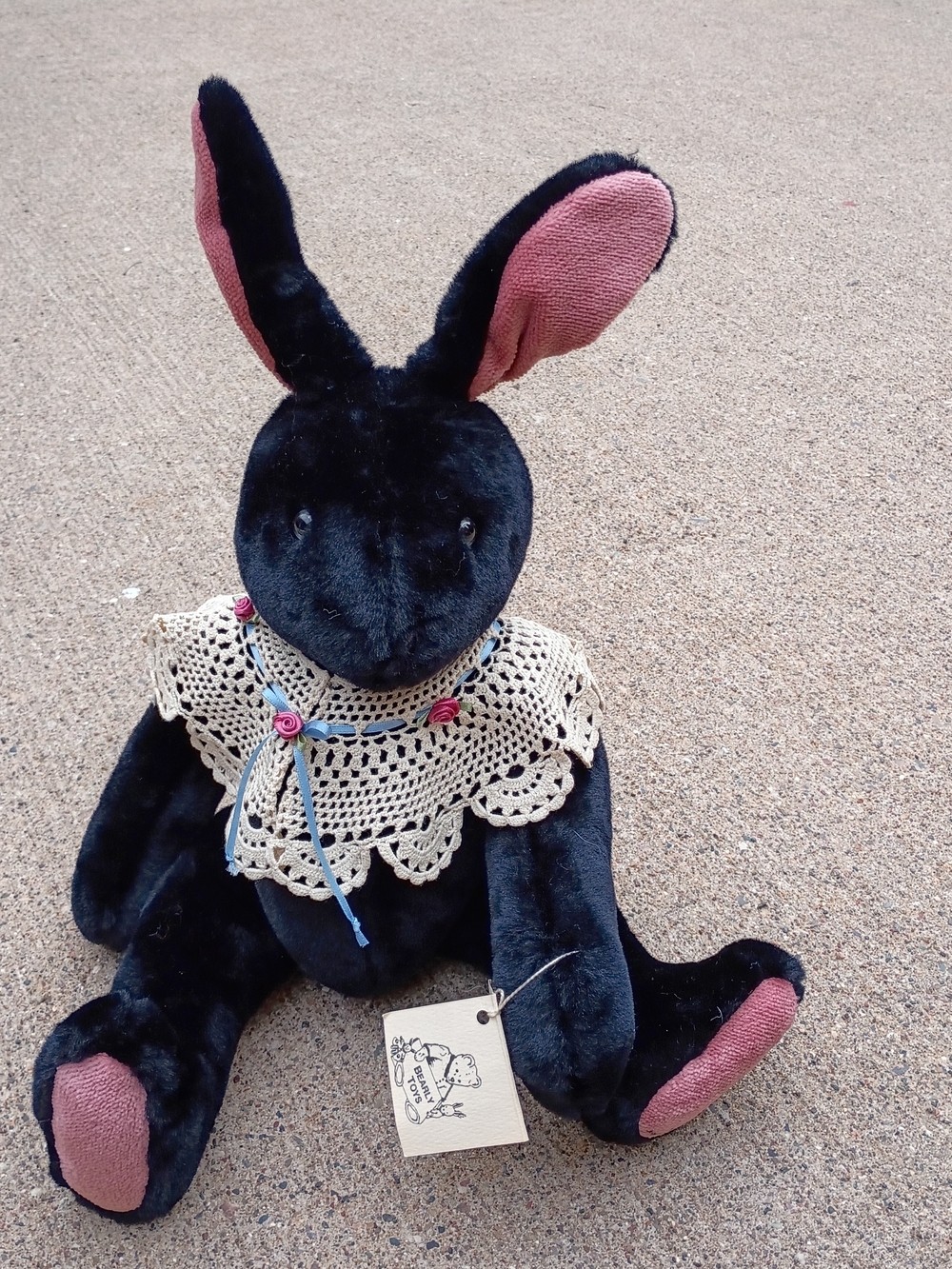 Handmade And Articulated Black Rabbit with Pink Accents and  Crochet Collar